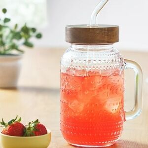 🌸 New Pioneer Woman Channing Clear Glass Mason Jar Tumbler Wood Top & Straw